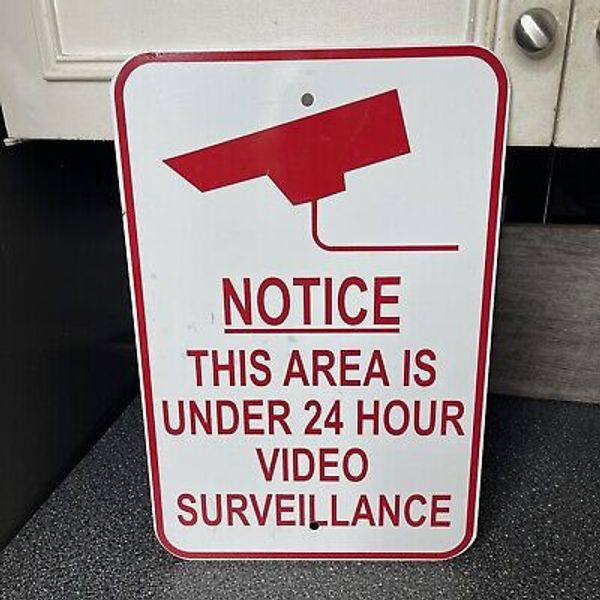 Vintage Porcelain Video Surveillance Sign  Sign under 24 hour Video 18”x12”