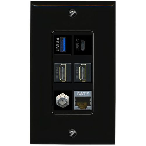 RiteAV USB 3 USB C 2 HDMI Coax Cat7 Wall Plate - 1 Gang [Black/Black]