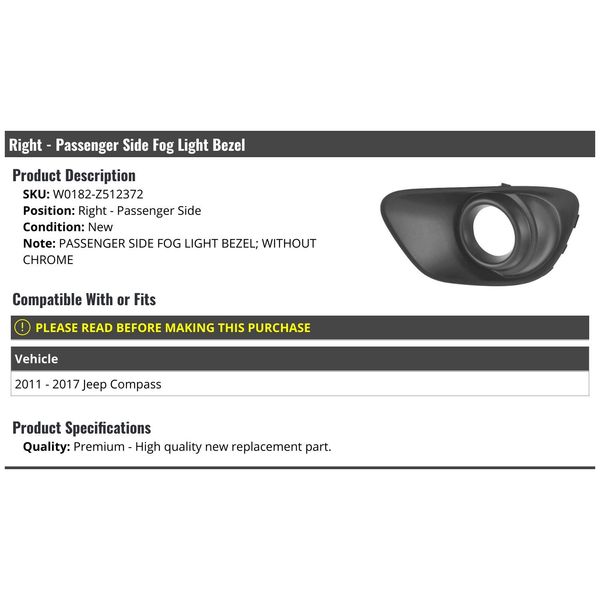 Right Passenger Side Fog Light Bezel - without Chrome - Compatible with 2011-2017 Jeep Compass