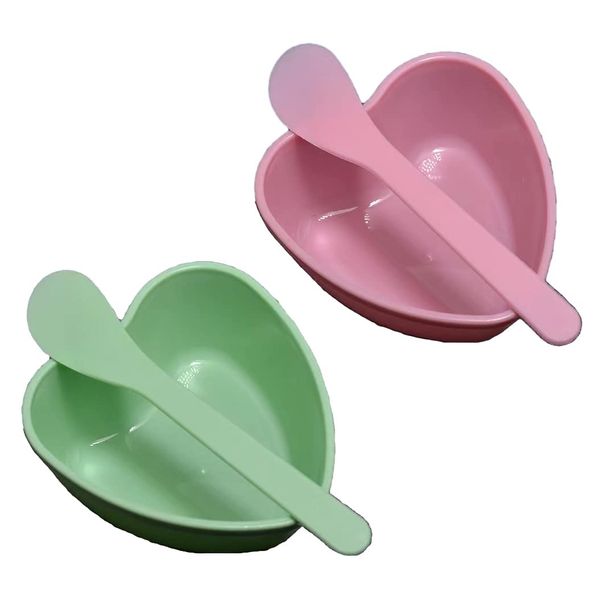 2 Sets Plastic Heart Shaped Facial Mask Mixing Bowl with Stirring Spatula Facemask Bowl Mud Mask Mixing Bowl DIY Skin Care Mixing Tool Kit for Lady Women Home Beauty Salon Use, Pink, Green