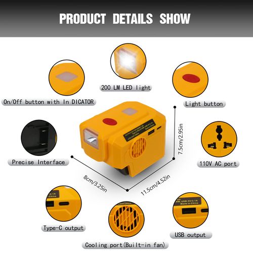 200W Power Inverter for Dewalt 20V Battery Adapter, Portable USB Charger Adapter DC20V- AC110V with Type C & USB& LED Light & AC Outlet, Powered Inverter Generator for Camping, Hiking (Inverter only)