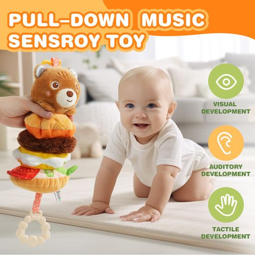 Jollybaby Baby Musical Pull String Hanging Toys for Stroller Car Seat Crib Play Gym, Plush Stuffed Hamburg Bear Toy for Carseat with Music Teether Crinkle, Sensory Toy for 0-6-12-18 Months Baby Gifts