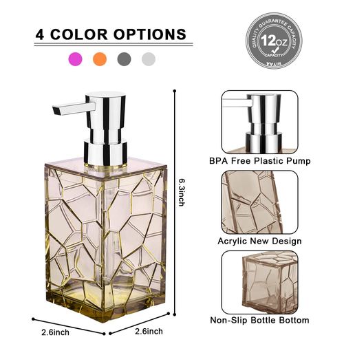 2 Pack Soap Dispenser 12Oz Acrylic Liquid Lotion Hand Dispensers with Pump Reusable for Bathroom, Countertop, Kitchen, Laundry Room - Amber