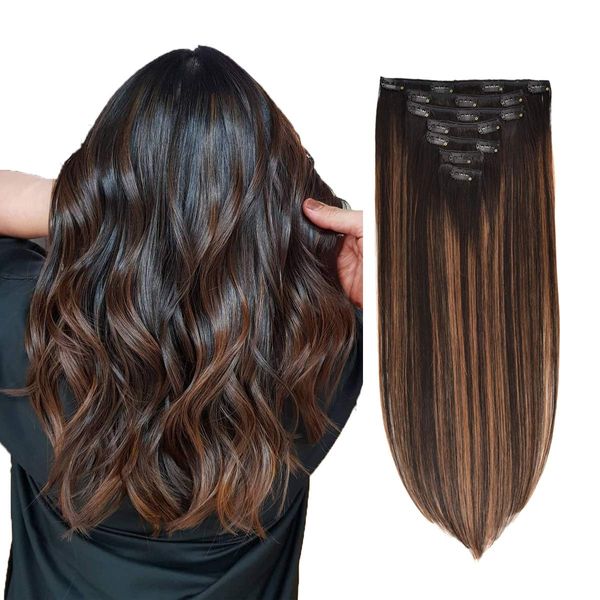 Clip in Hair Extensions Real Human Hair 120g 7pcs Human Hair Clip in Extensions 14 Inch Natural Black Mixed Chestnut Brown #1B/6/1B Thickened Straight Real Hair Extensions Clip in Human Hair