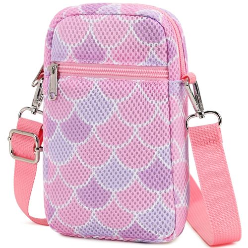MIRLEWAIY Mesh Crossbody Phone Wallet Case Pouch Bag Girls Mini Shoulder Bag with Adjustable Strap for Gifts, Beach, Shopping, Travel, Hiking-Pink Scales
