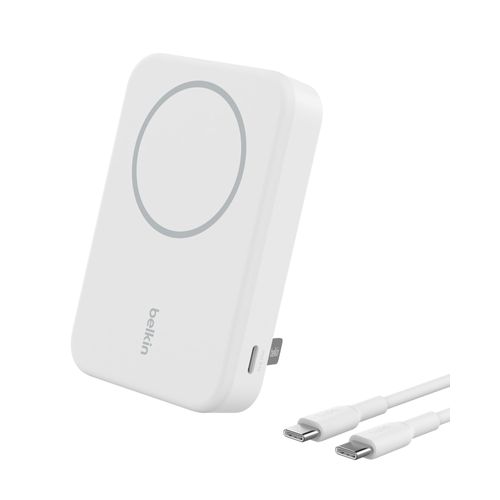 Belkin Portable Charger, Power Bank 10000 mAh w/ Qi2, iPhone Charger - MagSafe Charger w/Built-in Pop-up Kickstand for iPhone 16, 15, 14, 13, Plus, Pro, Pro Max, & More - White