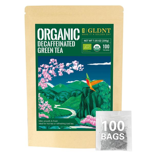 GLDNT Organic Decaf Green Tea Bags, Organic Green Tea Decaffeinated, Smooth Flavor, Super Antioxidant, Iced & Hot Tea, 100 Count