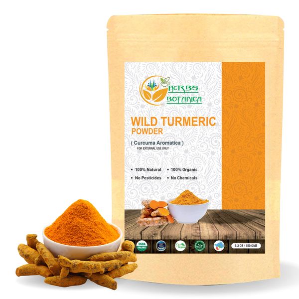 Herbs Botanica Wild Turmeric Powder For Face Reduces Acne, Face Mask, Dark Spots, Hyperpigmentation, Smooth Skin, Improves Skin Tone, Anti Aging, Exfoliator| Amba Haldi Powder | Kasturi Manjal | Kasturi Turmeric | Aromatic Turmeric 150 Gms / 5.30 oz