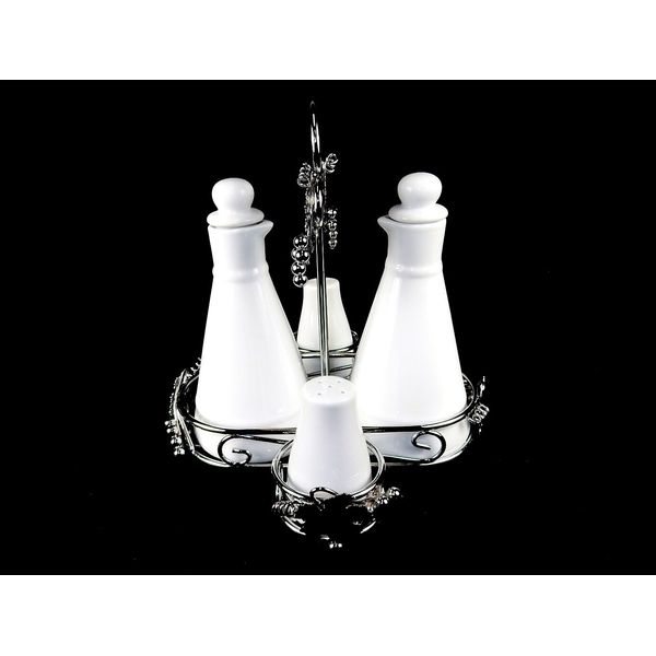 Elegant Porcelain & Chromed Steel Cruet Set w/Salt & Pepper Shakers, #SL6213