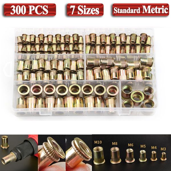 300 PCS Rivet Nuts M3-M12 Carbon Steel Rivnut Insert Nutsert Threaded Flat Head