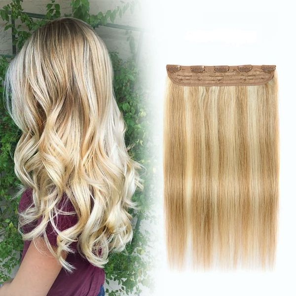 Winsky Clip in Hair Extensions, 100% Real Human Hair - One Piece 3/4 Full Head Brown Highlights Hair Pieces 70gram for Women (16inch, 18/613)