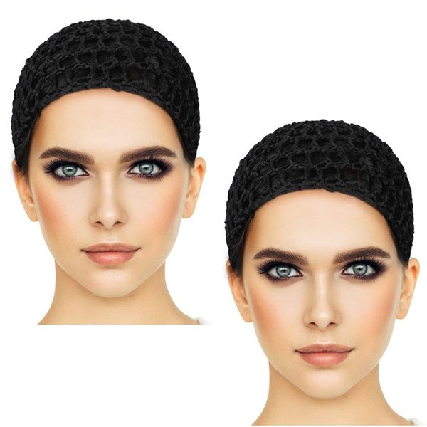 Etercycle 2 Pieces Mesh Crochet Hair Net Snoods, Soft Rayon Knit Crochet Hairnet Hair Cover Accessory Crocheted Sleep Cap for Women (Black)