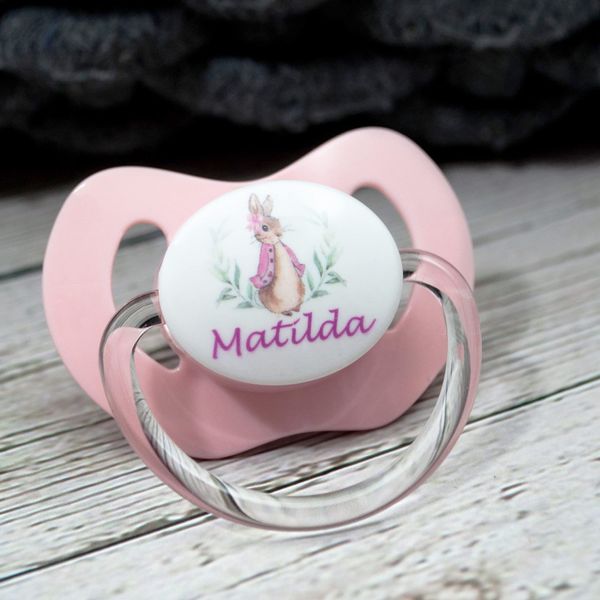 *2-Pack* NIP Personalised Dummy Pacifier, Orthodontic Teat, 4 Colours, Pink Rabbit