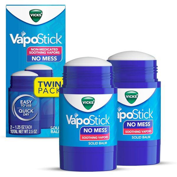 Vicks VapoStick Solid Balm, No Mess, Non-Medicated Vapors, 1.25oz, 2 Pack