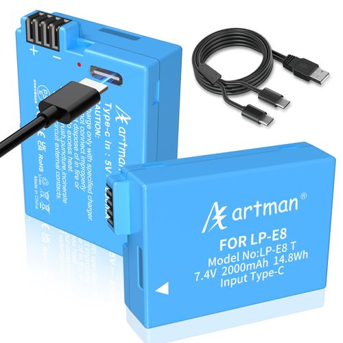 Artman LP-E8 Battery 2000mAh 2-Pack with 2 in 1 USB-C Charging Cable Compatible with Canon EOS Rebel T2i T3i T4i T5i, 550D 600D 650D 700D, Kiss X4 Kiss X5 Kiss X6, LC-E8E Digital Cameras