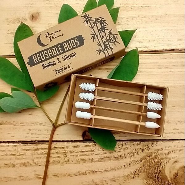 BOX OF 4 REUSABLE COTTON BUDS 4PC SILICON & BAMBOO ZERO WASTE BUDS MAKEUP BUDS