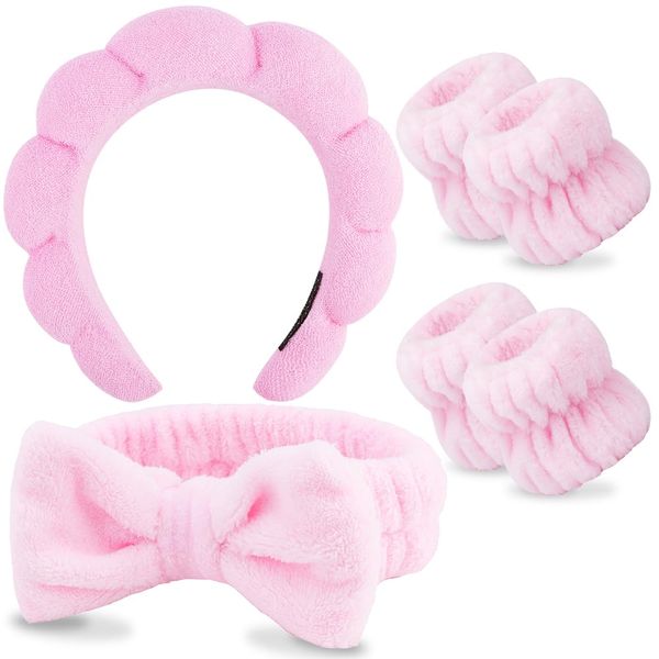 AOPRIE SPA Headbands for Washing Face Makeup Headbands with Bow Hair Band Women Facial Head Band Wrist Towel Wraps For Shower Face Mask Pink, 6 Pack