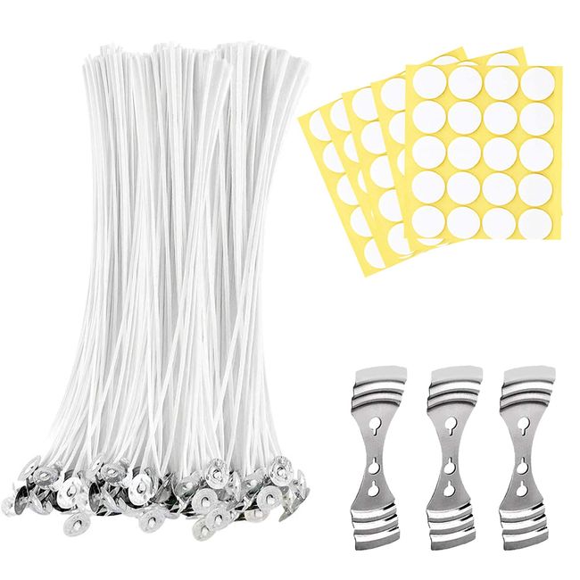 HUAZONTOM Candle Wicks 7.9 inches (20 cm), 100 Wicks with Washers, 100% Cotton Candle Material, 3 Stainless Steel Fixing Holders, 100 Round Double Sided Tapes, DIY Handmade