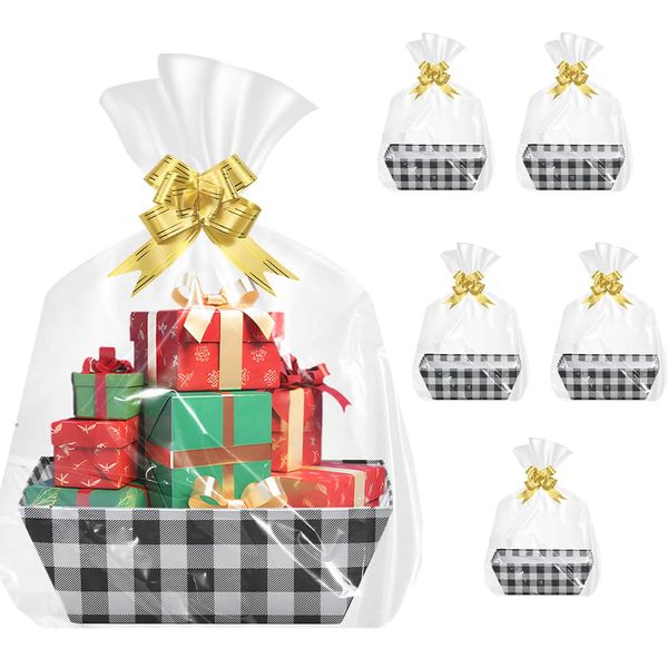 YBCCBY Pack of 5 Gift Baskets Empty Cardboard Gift Baskets Cardboard Gift Boxes Large Gifts Basket with Bows and Transparent Gift Bag Storage Basket Cardboard Box for Gift Packages