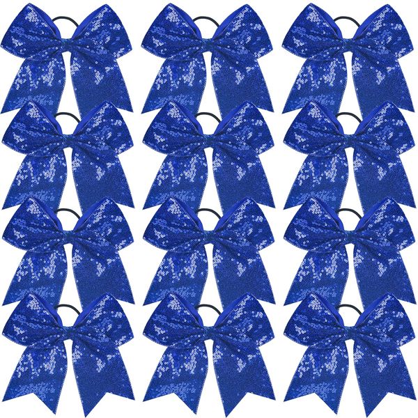 12 Pieces Sequin Cheer Bows Blue Glitter Jumbo 8 Inch Cheerleading Bow Large Hair Bows with Elastic Ponytail Holder Bow Hair Tie Band Hair Accessories for School Girls Toddlers