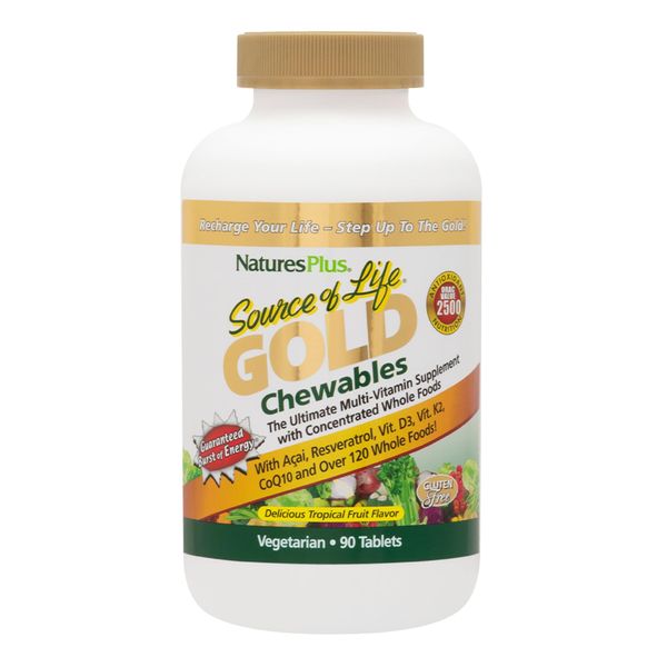 NaturesPlus Source of Life Gold Chewables - 90 Vegetarian Tablets - Tropical Fruit Flavor - Whole Food Multivitamin Supplement - Gluten Free - 30 Servings