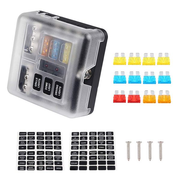 ADPOW 6 Way Circuit Carbon Boat Fuse Box Holder Waterproof LED Warning Light with Kit ATO ATC Block Fuse Blade Fuse 5A 10A 15A 20A for Auto Boat Marine Trike DC 12V-32V