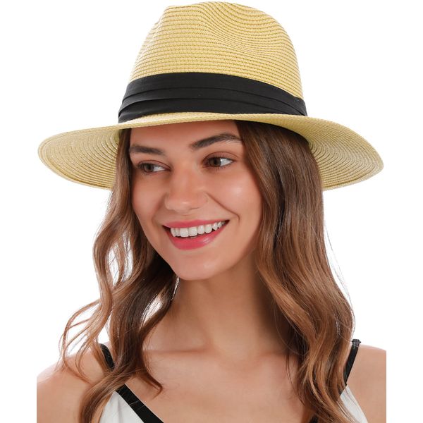 Straw Hats for Women Fashionable Women's Sun Hats Wide Brim Fedora Hats for Women Foldable Panama Beach Hat with Chin Strap Sunhat Women Cute, Nature