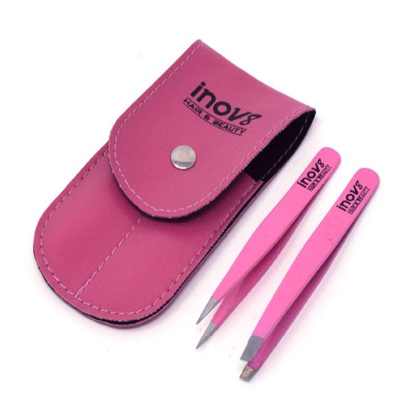 Eyebrow Pink Tweezers with Travel Pouch - Plucking 2 Pieces Set for Ingrown Hair and Facial Hair - Slanted & Pointed Tip - Gorgeous Pink Leather Case