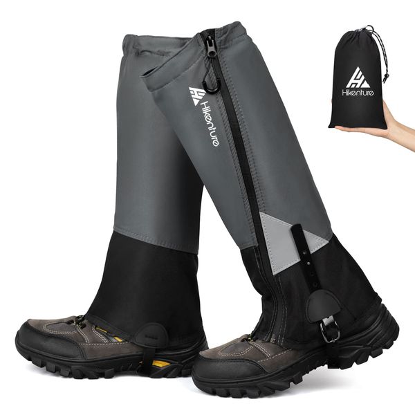 HIKENTURE Gaiters for Men Women, Gators for Hiking with Waterproof Zipper, Anti-Tear Adjustable Walking Gaiters, Breathable Boot Leg Gaiters for Outdoors(Black&Gray-M)