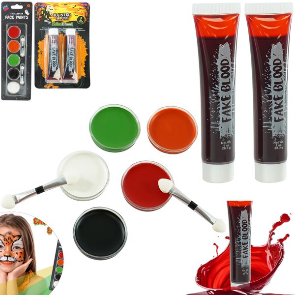 Halloween SFX Fake Blood 2x Tubes 30ml and Facepaints with 2 Brush, Prosthetic Makeup, Halloween Face Paint, Fancy Dress Horror Vampire Zombie Make Up, Halloween Makeup Kit