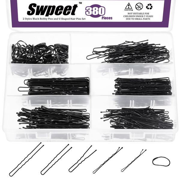 Swpeet 380Pcs 2 Styles 1.9Inch 2.4Inch 2.7Inch Black Hair Pins Bobby Pins with Rubber Bands Kit