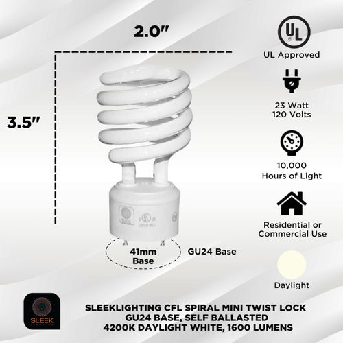 SLEEKLIGHTING - GU24 23Watt 2 Prong Light Bulbs- UL approved-120v 60Hz - Mini Twist Lock Spiral -Self Ballasted CFL Fluorescent Bulbs- 4200K 1600lm Cool White 4pack (100 Watt Equivalent)
