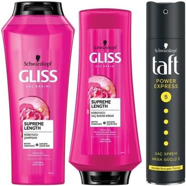 Gliss Supreme Lenght Şampuan 500 ml + Saç Kremi 360 ml + Taft Power Express Saç Spreyi 250 ml