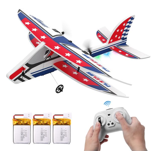 DEERC SQN-022 RC Airplane Glider, Fixed Wing, Jet, RC Kit, Less Than 3.5 oz (100 g), For Kids, Beginners, Toys, Outdoor, Indoor, 3 Batteries, 24 Minutes Flight Time, LED Light, Durable, Shock