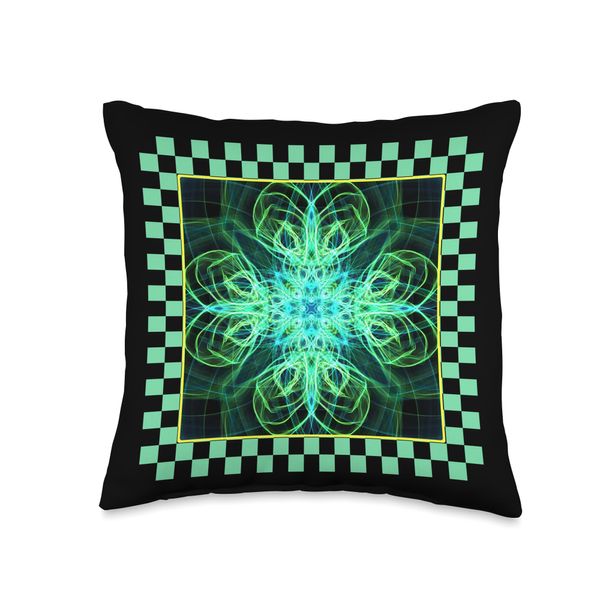 Green Light Star Checkerboard Spirograph Kaleidoscope Mirror Throw Pillow