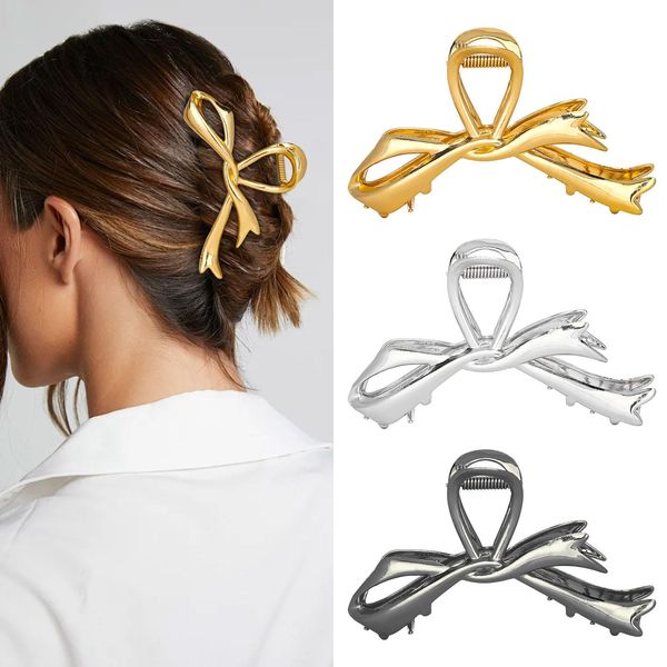 CURASA Bow Hair Claw Clips For Women Girls 3Pcs Sliver Metal Ribbon Bow Strong Hold Non-Slip Hair Barrettes Gold Fashion Design Hair Styling Accessories For Thick Thin French Black Jaw Hair Clamp