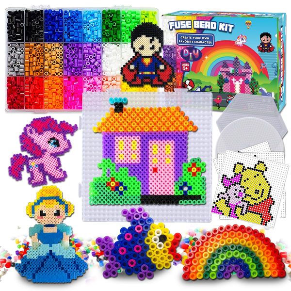 FUNZBO 5500 5mm Fuse Beads Kit -, 24 Colors | 111 Patterns, 5 Pegboards & 4 Iron Paper, Crafts for Kids Ages 4-8, Kids Toys for Boys, Arts and Crafts for Kids Ages 8-12 (Large)