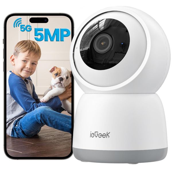 5MP Indoor Home Security Camera with 2.4/5GHz, WiFi Smart Pet Camera with App, Plug-In Baby Monitor, Night Vision, 360°PTZ, Automatic Tracking, Two-way Talk, Memory/Cloud Storage, Work with Alexa