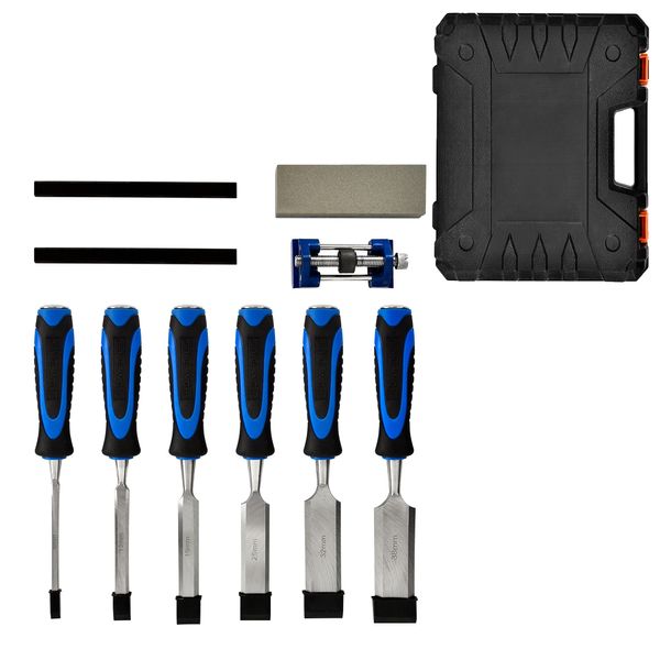 6 Piece Wood Carving Chisel Set with Honing Guide, Sharpening Stone, Carpenter Pencil & Storage Case