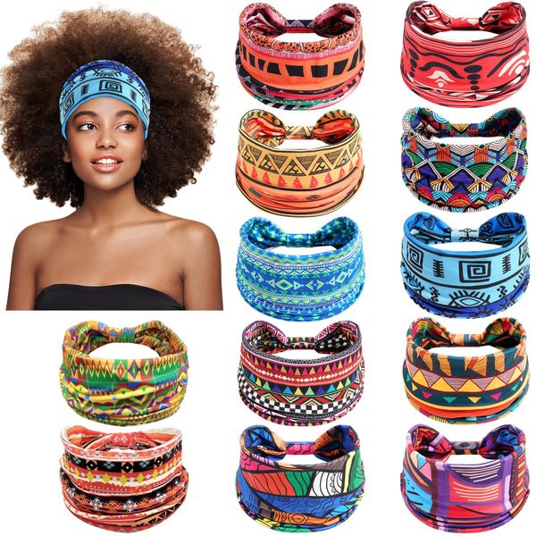 CODOHI 12PCS Wide African Headbands for Women Boho Head Wraps for Black Women’s Hair Knotted Non Slip Turban African Headwraps Sport Yoga Workout Stretchy Bandeau Hair bands