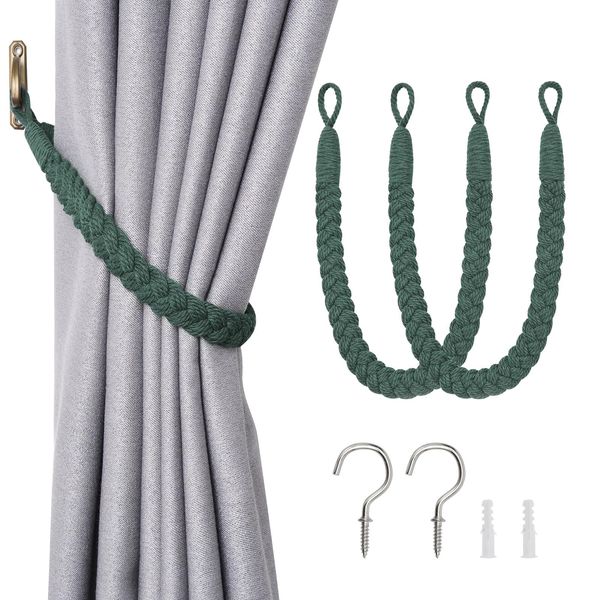 Pretty Jolly 2 Pack Natural Cotton Rope Curtain Tiebacks Elegant Boho Style Decorative Drape Tie Backs Soft Hand-Woven Rope Curtain Holdbacks with Metal Hook for Home & Office Drapery (Dark Green)