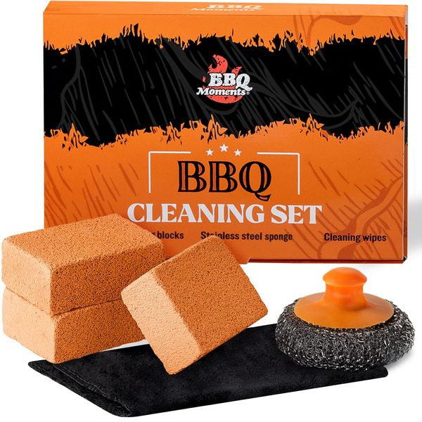 BBQ Moments BBQ Cleaning Tools, Stainless Steel Grill Cleaning Brush, Scrubber Block Pumice Stone & Compressed Towel Tablet Set - 3 Pcs Barbecue Cleaning Brick