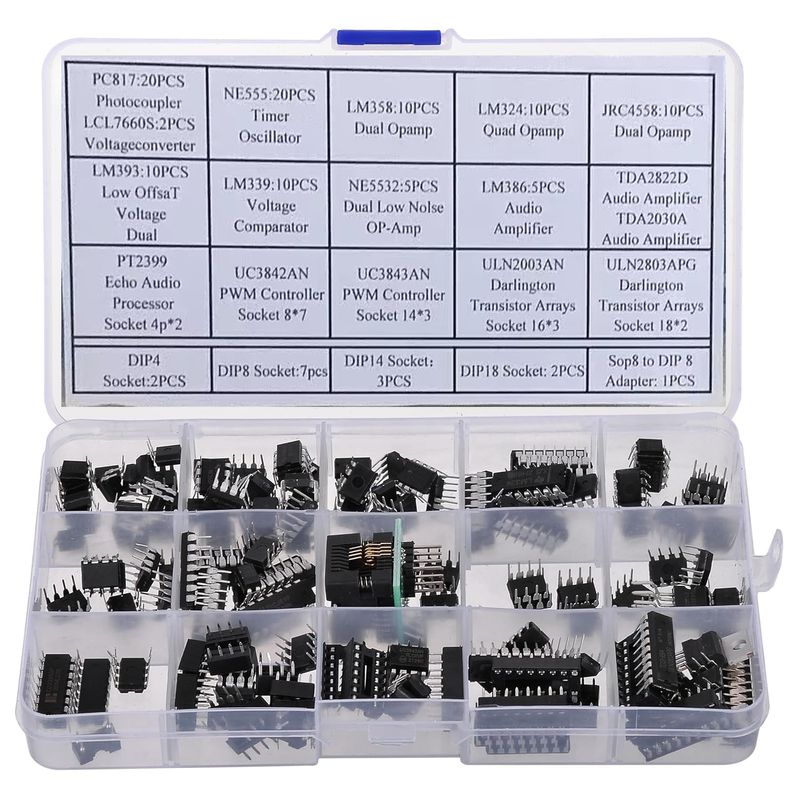 Elprico 85-teiliges IC-Chip-Sortiment, Integrierte Schaltungen Operationsverstärker-Kit Einzelpräzisions-Timer-IC Inklusive NE555, LM324, LM393, UA741, ULN2803, LM358, LM386, NE5532 Elprico 85-teiliges IC-Chip-Sortiment, Integrierte Schaltungen Operationsverstärker-Kit Einzelpräzisions-Timer-IC Inklusive NE555, LM324, LM393, UA741, ULN2803, LM358, LM386, NE5532