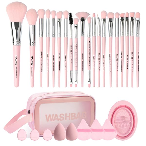 MAANGE 30-Piece Complete Make Up Brush Set 5 Products Included for Powder Foundation Eyeshadow Concealer Eyeshadow Pink