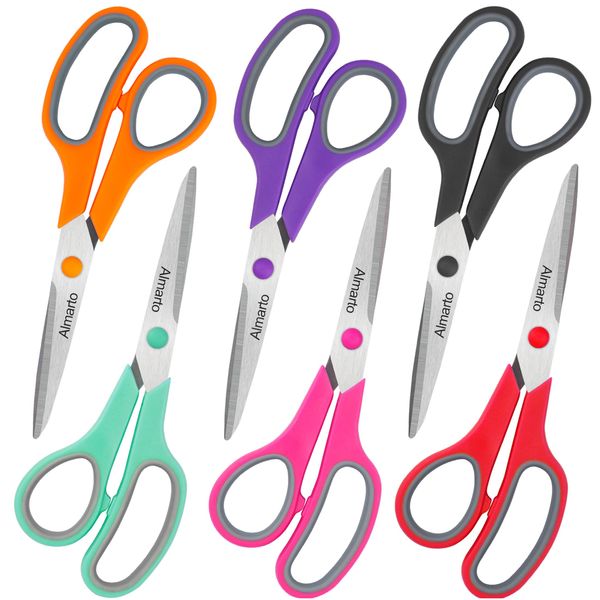 Scissors, Almarto 8" All Purpose Scissors Pack of 6 Comfort-Grip Sharp Scissors for Office School House Sewing Fabric Crafts Arts Desk Accessories Supplies, Teacher/Class Scissors, Right/Left Handed