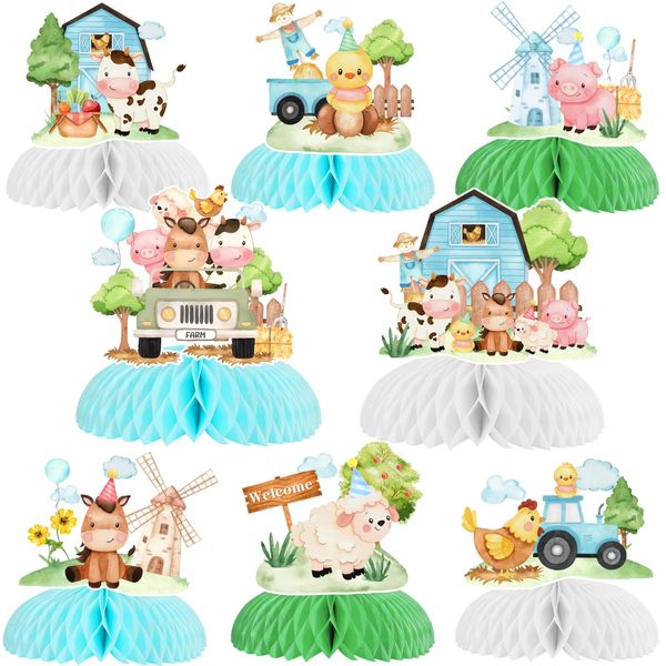 8 Pieces Blue Farm Animal Honeycomb Centerpieces Table Toppers, Farm Themed Party Decorations, 3D Barn Animal Cutouts for Boys Baby Shower Birthday Party Supplies