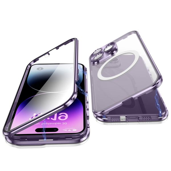 Jonwelsy Case for iPhone 14 Pro, 360 Degree Double-sided Protection Compatible with Magsafe Magnetic Adsorption Metal Bumper Front Tempered Glass Back Frosted PC Cover for 14 Pro 6.1" (Deep Purple)