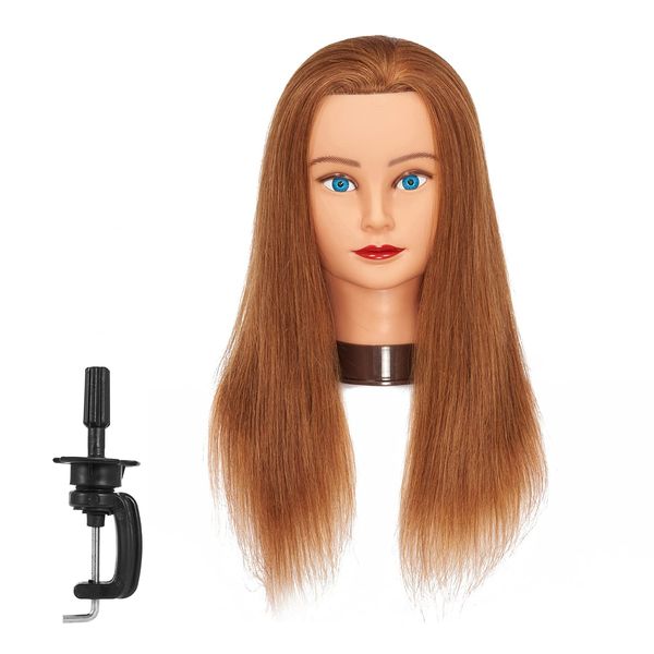 Traininghead Mannequin Head with Human Hair Manikin Training Practice Head Cosmetology Doll Heads for Hairdresses with Clamp Stand (Golden Brown)