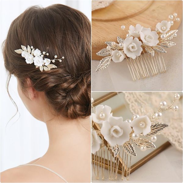 New Handmade Ceramic Flower Wedding Hair Accessories for Women Pearl Gold Alloy Leaf Wedding Hair Comb Bridal Jewelry Classical Wedding Headpiece for Bride