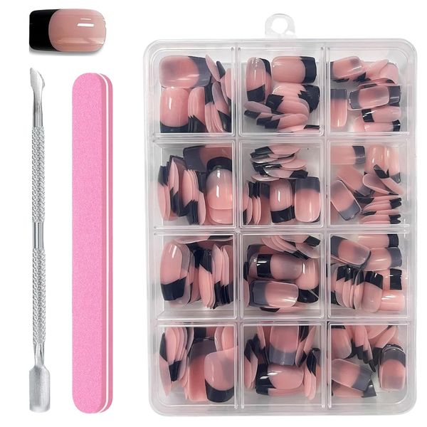 240 PCS Short French False Nails, Black French Press on Nails, Full Cover Stick on Nails Ballerina Nail Art with Nail File, Cuticle Pusher for Salon DIY Decoration